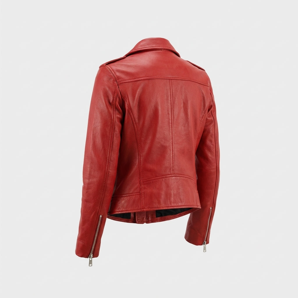 Langes Lederjacke mit Reißverschlüssen - Rote Farbe - Rockiger Stil - Damen