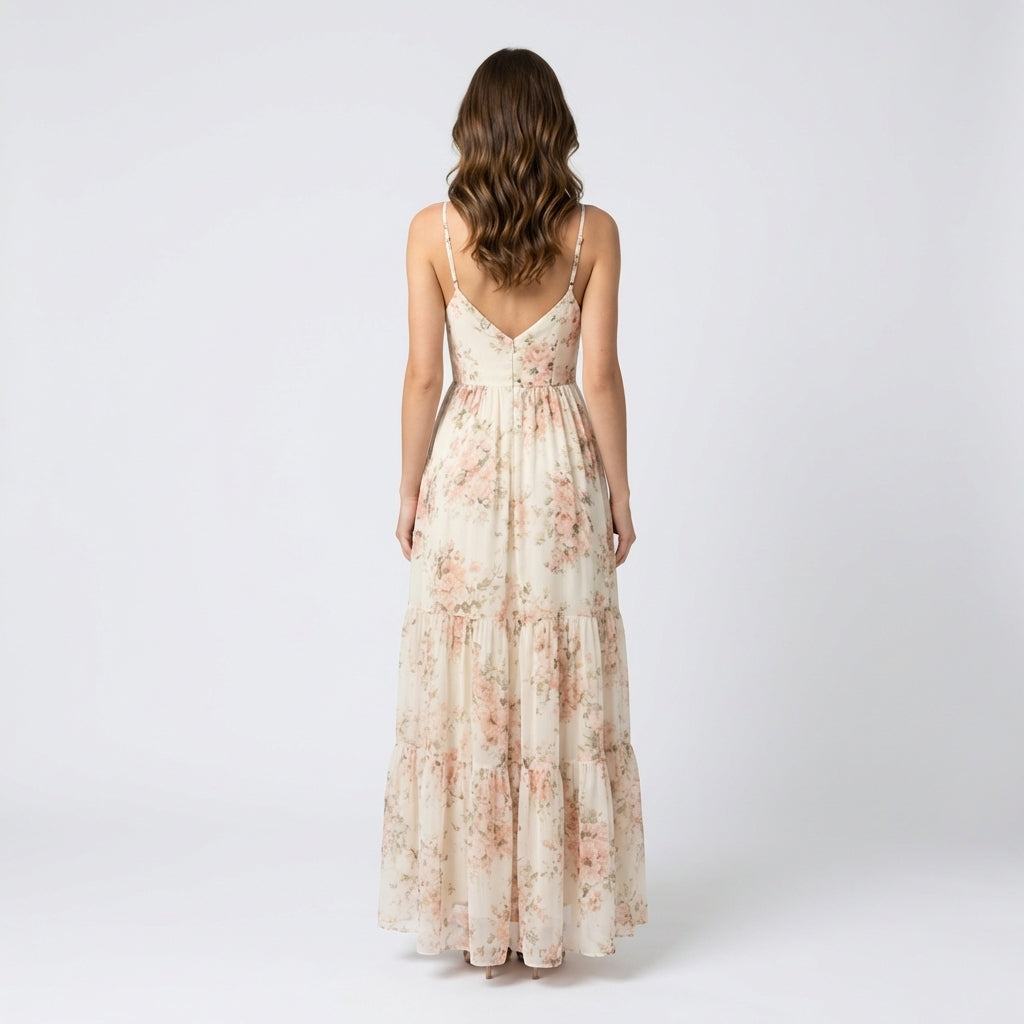 Blumenmaxikleid mit V-Ausschnitt - Romantisches Design - Damen