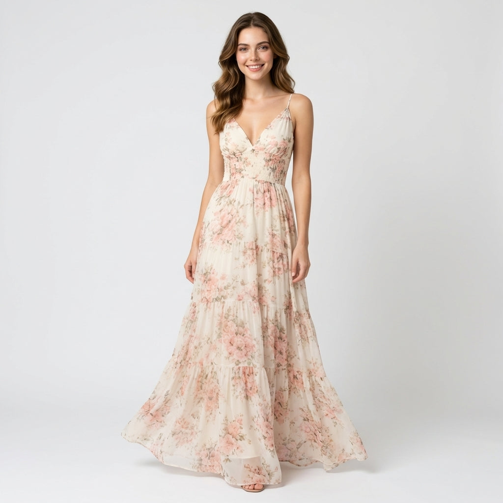 Blumenmaxikleid mit V-Ausschnitt - Romantisches Design - Damen