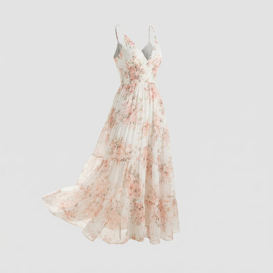 Blumenmaxikleid mit V-Ausschnitt - Romantisches Design - Damen