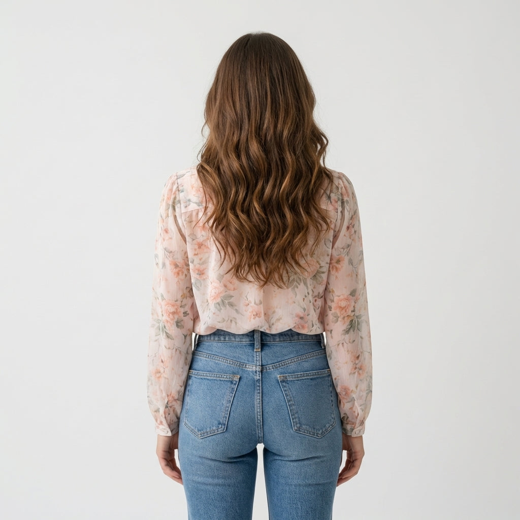 Bluse mit V-Ausschnitt und Blumenmuster - Zartes Design - Damen