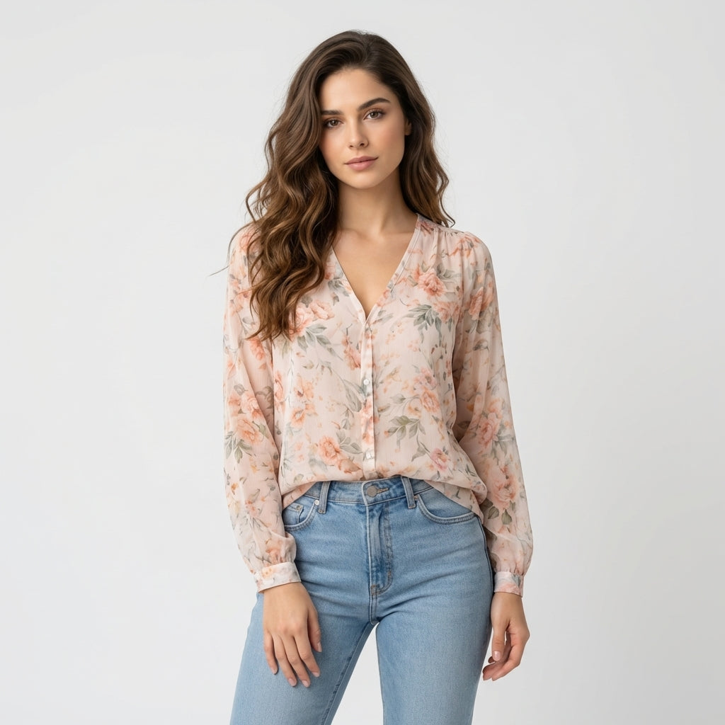 Bluse mit V-Ausschnitt und Blumenmuster - Zartes Design - Damen