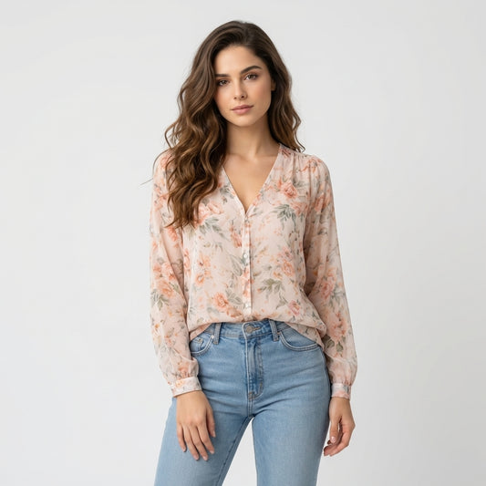 Bluse mit V-Ausschnitt und Blumenmuster - Zartes Design - Damen