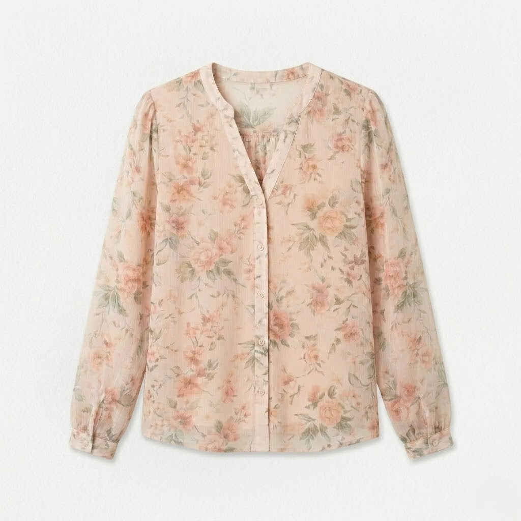 Bluse mit V-Ausschnitt und Blumenmuster - Zartes Design - Damen