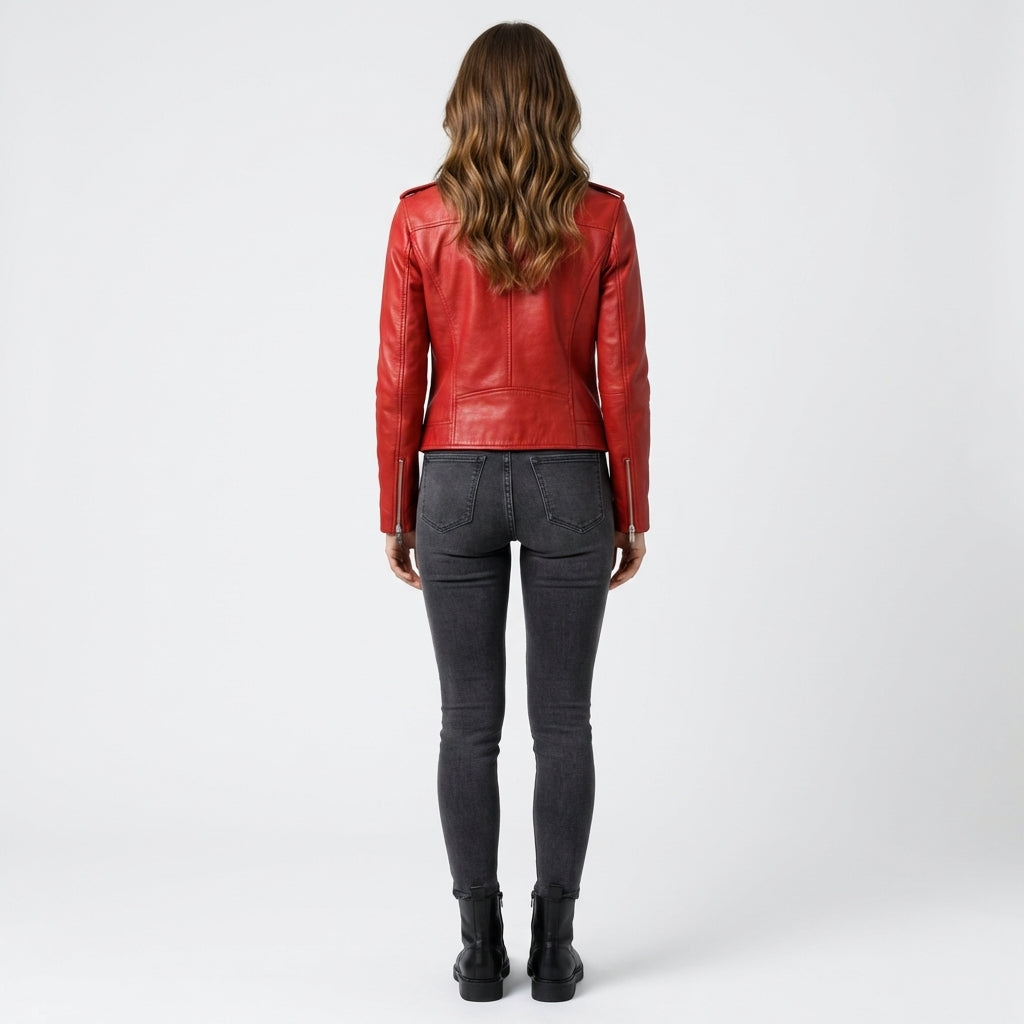 Langes Lederjacke mit Reißverschlüssen - Rote Farbe - Rockiger Stil - Damen