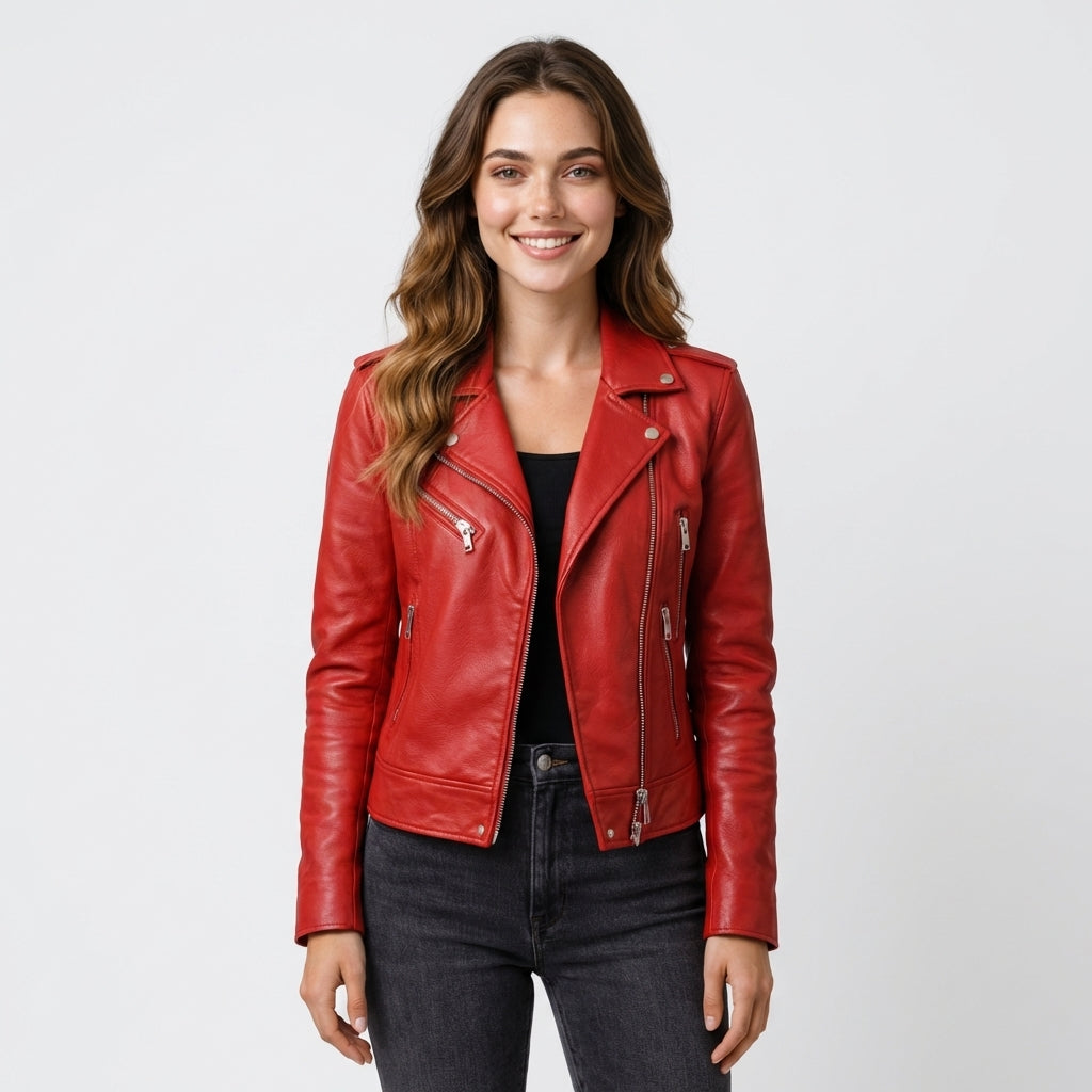 Langes Lederjacke mit Reißverschlüssen - Rote Farbe - Rockiger Stil - Damen