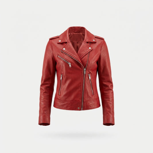 Langes Lederjacke mit Reißverschlüssen - Rote Farbe - Rockiger Stil - Damen