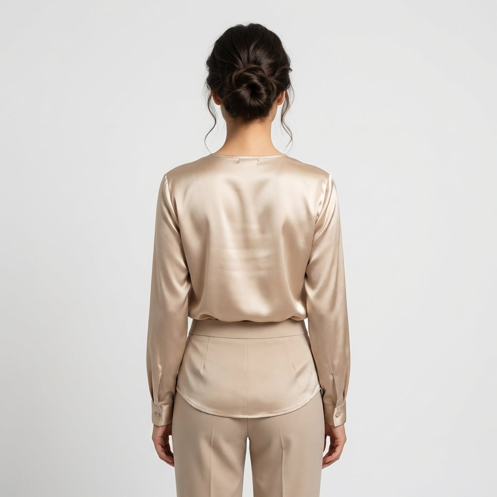 Satinbluse mit V-Ausschnitt - Beigefarben - Elegantes Design - Damen