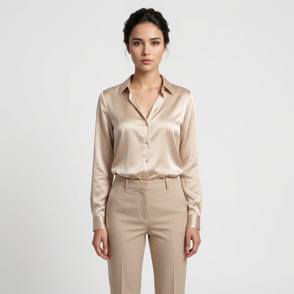 Satinbluse mit V-Ausschnitt - Beigefarben - Elegantes Design - Damen