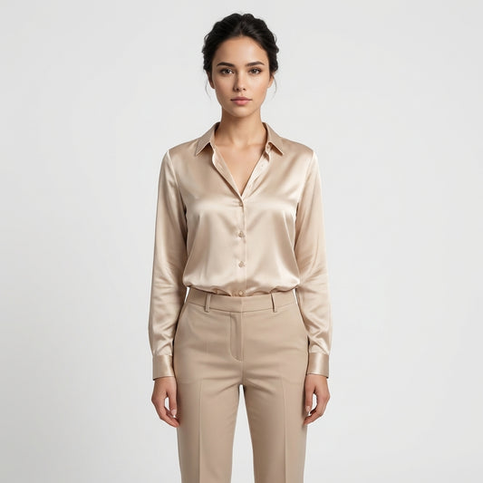 Satinbluse mit V-Ausschnitt - Beigefarben - Elegantes Design - Damen