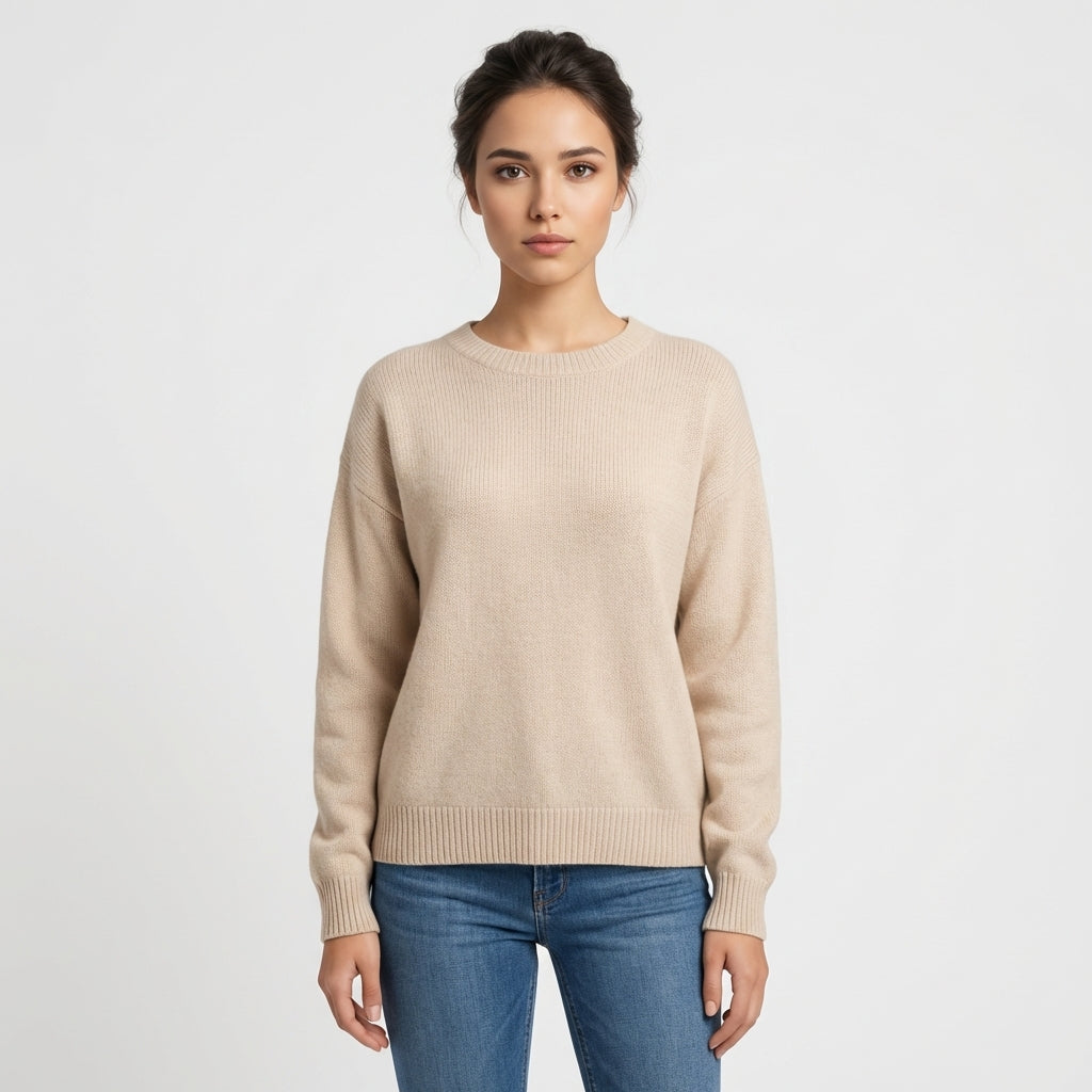 Strickpullover mit Rundhalsausschnitt - Beige - Komfortabler Stil - Damen