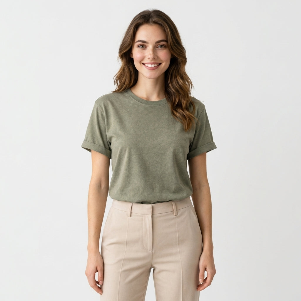T-Shirt mit Rundhalsausschnitt - Grün - Lässiger Stil - Damen
